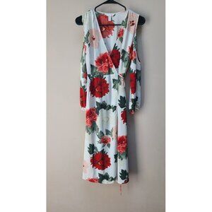 White & Red Floral Open Shoulder Tie-Wrap Dress